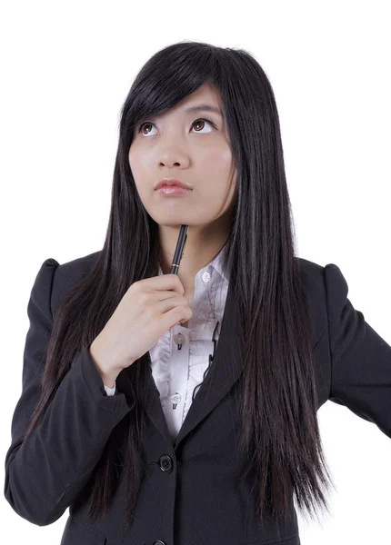 Young Asian businesswomen thinking, In front of the white backgr — Stock Photo, Image