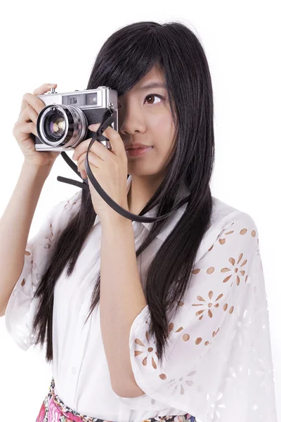Asian girl with vintage retro camera. — Stock Photo, Image