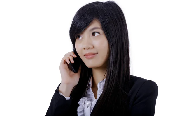 Portret uśmiechnięty Telefon służbowy kobieta mówić na białym tle na wh — Zdjęcie stockowe