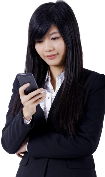 Portrait of smiling business woman phone typing, isolated on whi — Stock Photo, Image