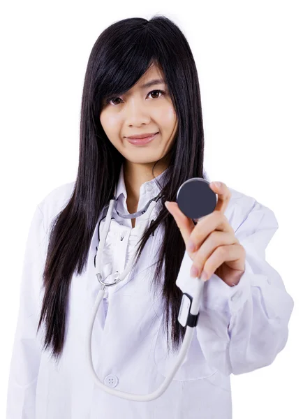 Asijské medicíny doktor žena, detailní portrét na bílém poza — Stock fotografie