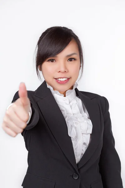 Asiatisk kvinna leende ansikte med tummen upp — Stockfoto