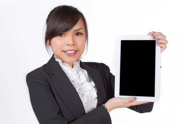 Asian woman holding board, black screen for texture — стоковое фото