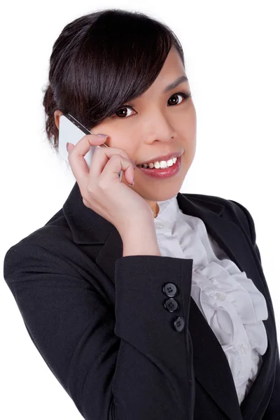 Retrato de sorrir telefone mulher de negócios falando, isolado no wh — Fotografia de Stock