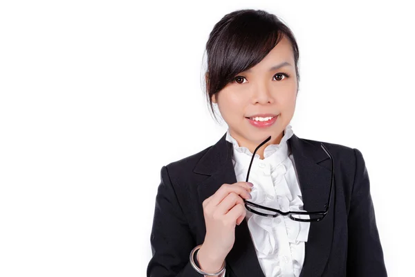 Woman wearing glasses holding frame — Stock Photo, Image