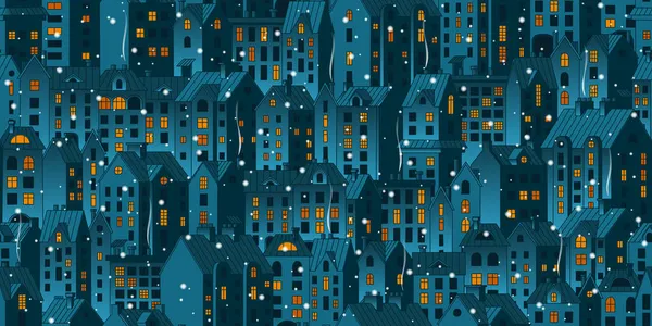 Διάνυσμα Αδιάλειπτη Μοτίβο Νυχτερινή Πόλη Και Πτώση Χιονιού Χειροποίητα Χειμερινά Εικονογράφηση Αρχείου