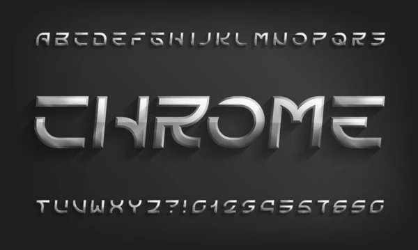 Caratteri Dell Alfabeto Chrome Lettere Cromate Futuristiche Numeri Con Ombra Vettoriale Stock