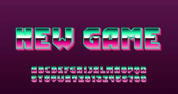 Nueva Fuente Alfabeto Game Gradiente Píxeles Letras Números 80S Arcade — Vector de stock
