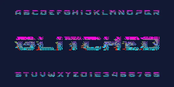 Glitched Alfabet Lettertype Vervormde Pixel Letters Cijfers 80S Arcade Video — Stockvector