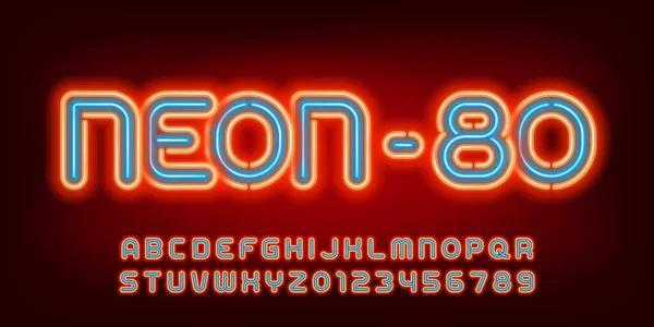 Schrift Neon Zwei Farbige Leuchtbuchstaben Zahlen Und Symbole Bestandsvektor Typoskript — Stockvektor