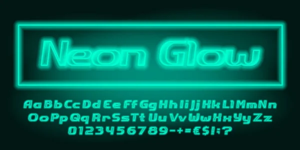 Neon Glöd Alfabet Teckensnitt Neonbokstäver Siffror Och Symboler Uppercase Och — Stock vektor