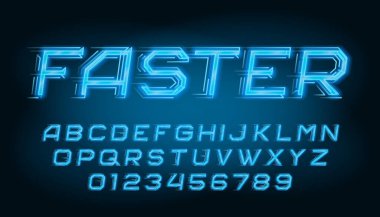 Daha hızlı alfabe yazı tipi. Hız efekti neon harfler ve sayılar. Tipografiniz için stok vektör tipi.