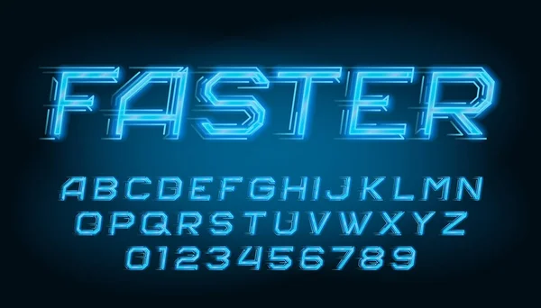 Schnellere Alphabet Schrift Speed Effekt Neon Buchstaben Und Zahlen Aktienvektorschrift — Stockvektor