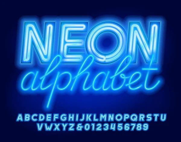 Caratteri Alfabetici Neon Lettere Neon Numeri Simboli Stock Vettoriale Dattiloscritto — Vettoriale Stock