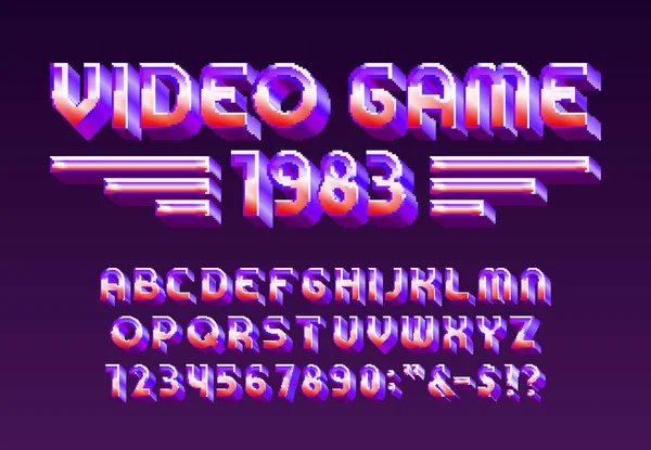 Відеогра 1983 Шрифт Алфавіту Пікселів Цифрових Літер Цифр Аркадна Відеогра — стоковий вектор
