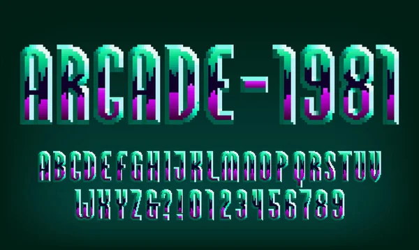 Arcade 1981 Alfabet Lettertype Pixel Digitale Gradiënt Letters Cijfers 80S Rechtenvrije Stockillustraties