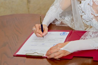Married couple signing marriage registration form clipart