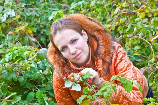 The girl in the bushes of raspberries — Stock Photo, Image