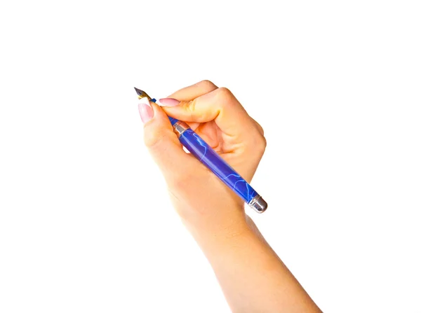 Main avec stylo plume sur fond blanc — Photo