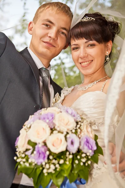 Young wedding couple - freshly wed groom and bride posing — Stock Photo, Image