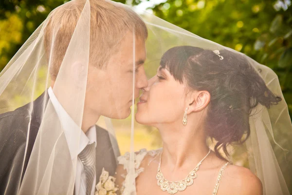 Junges Hochzeitspaar - frisch vermählter Bräutigam und Braut posieren — Stockfoto