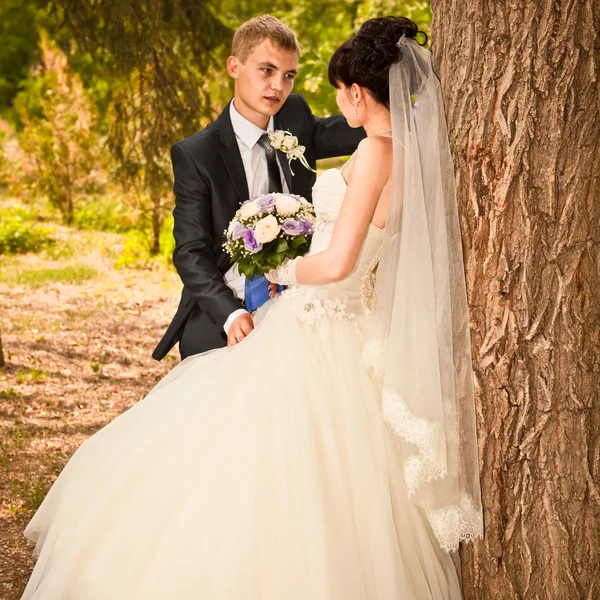 Felice giovane sposa e sposo il giorno del loro matrimonio — Foto Stock