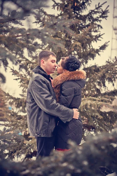 Young couple kissing in the winter forest — Stock Photo, Image