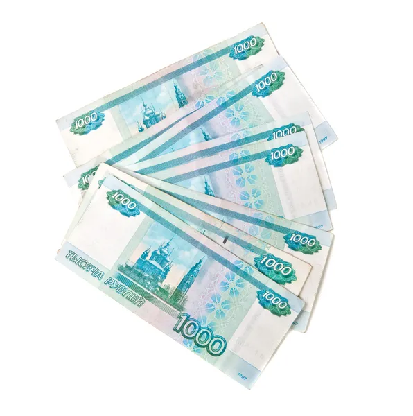 Multe denominațiuni într-o mie de ruble pe un fundal alb — Fotografie, imagine de stoc