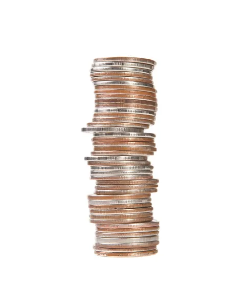 Tall stack of coins on white background — Stock Photo, Image