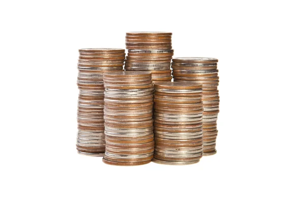 Stacks of coins on white background — Stock Photo, Image
