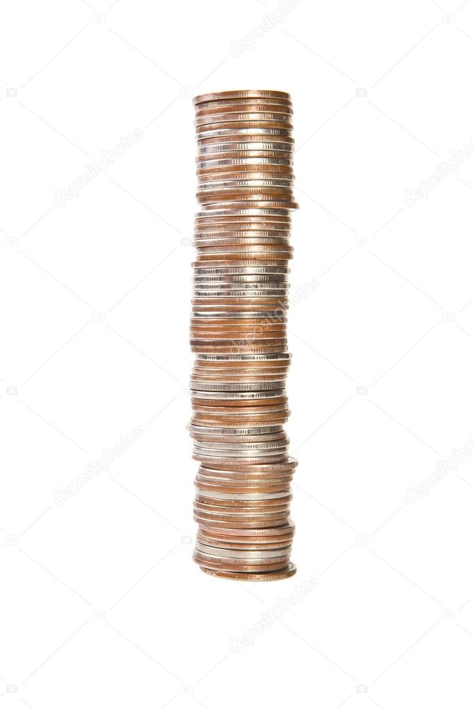 Tall stack of coins on white background