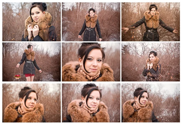 Conjunto de retratos de hermosas chicas jóvenes en el parque de invierno —  Fotos de Stock