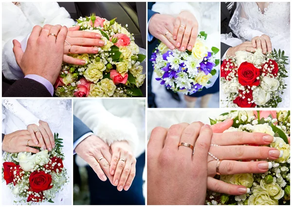 コラージュのカップルの手結婚式のブーケ — ストック写真