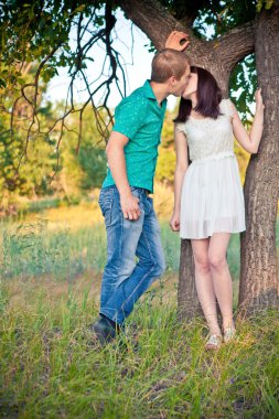 genç bir çift bir ağacın altında öpüşme