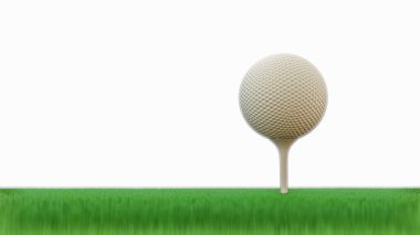 Golf topu beyaz arka planda çimlere yapışmış. 3d resimleme