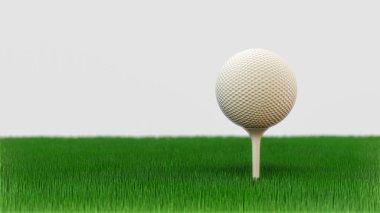 Golf topu beyaz arka planda çimlere yapışmış. 3d resimleme