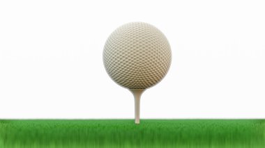 Golf topu beyaz arka planda çimlere yapışmış. 3d resimleme