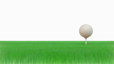 Golf topu beyaz arka planda çimlere yapışmış. 3d resimleme