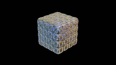 Siyah arka planda kesikleri olan gümüş bir küp. 3d resimleme