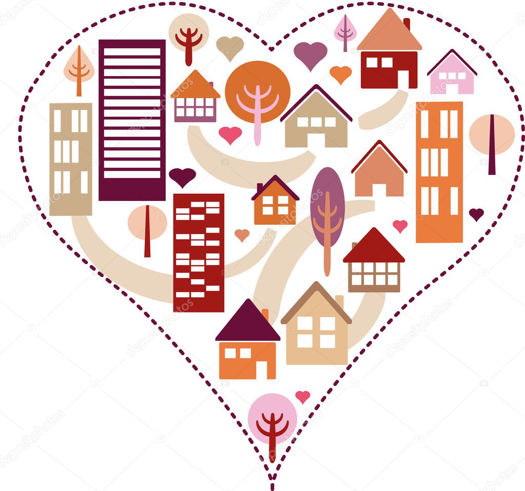 Heart pattern with different houses and trees