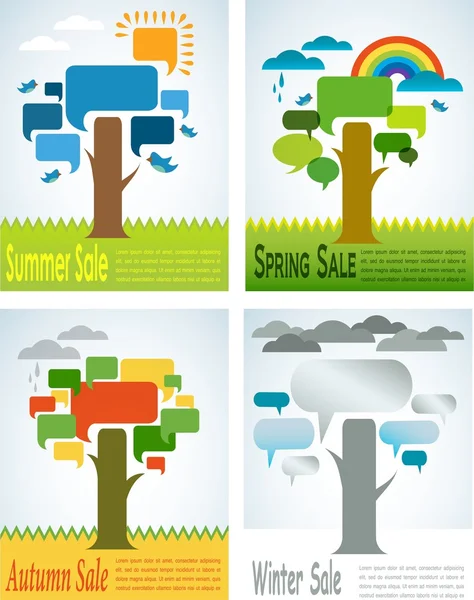 Quattro stagioni di vendita con quattro alberi di discorso — Vettoriale Stock