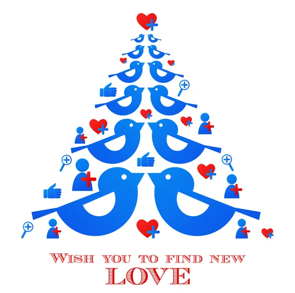 恭贺新禧，祝圣诞节;蓝鸟树与社交媒体图标 — 图库矢量图片