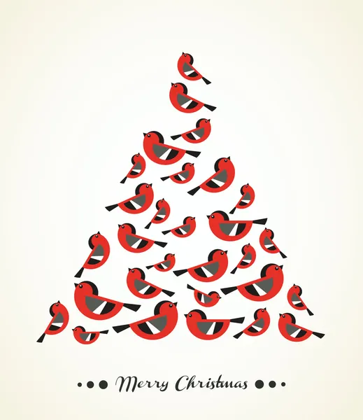 Retro Christmas Card - Burung di Pohon Natal - Stok Vektor
