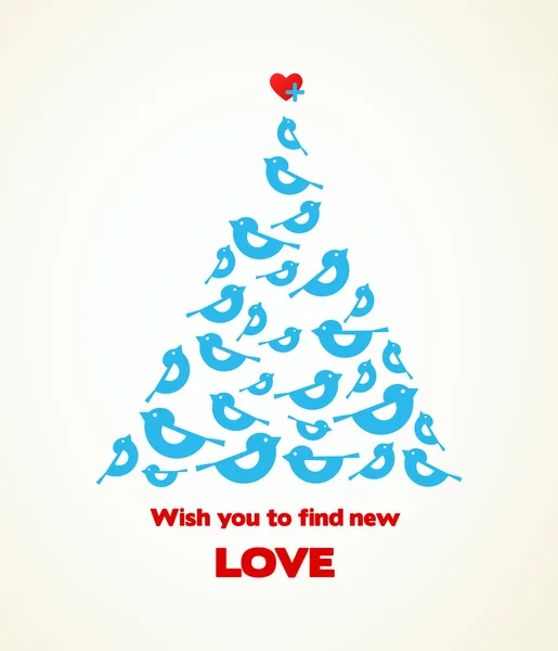 Weihnachtswünsche, blauer Vogelbaum mit Herz auf der Spitze — Stockvektor