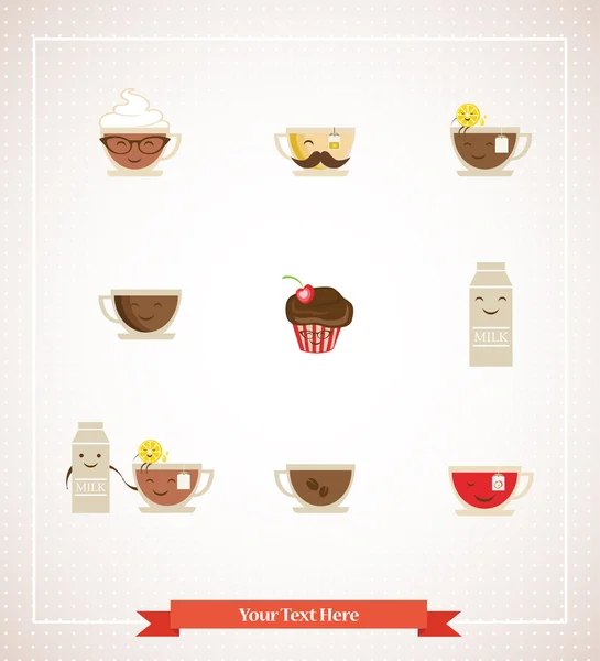 Ícones retro hipsters coloridos de café, chá, leite e sobremesa — Vetor de Stock