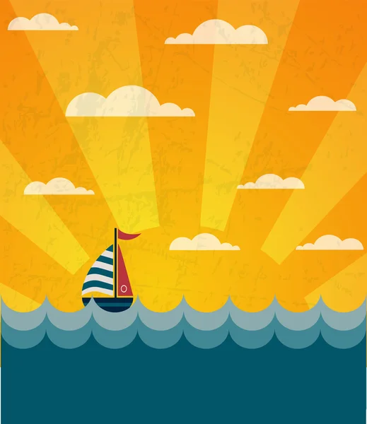 Diga Olá ao Verão, ilustração retro de um barco e mar ondulado —  Vetores de Stock