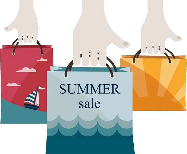 Hands holding shopping bags to promote sales. summer sale — Stock Vector