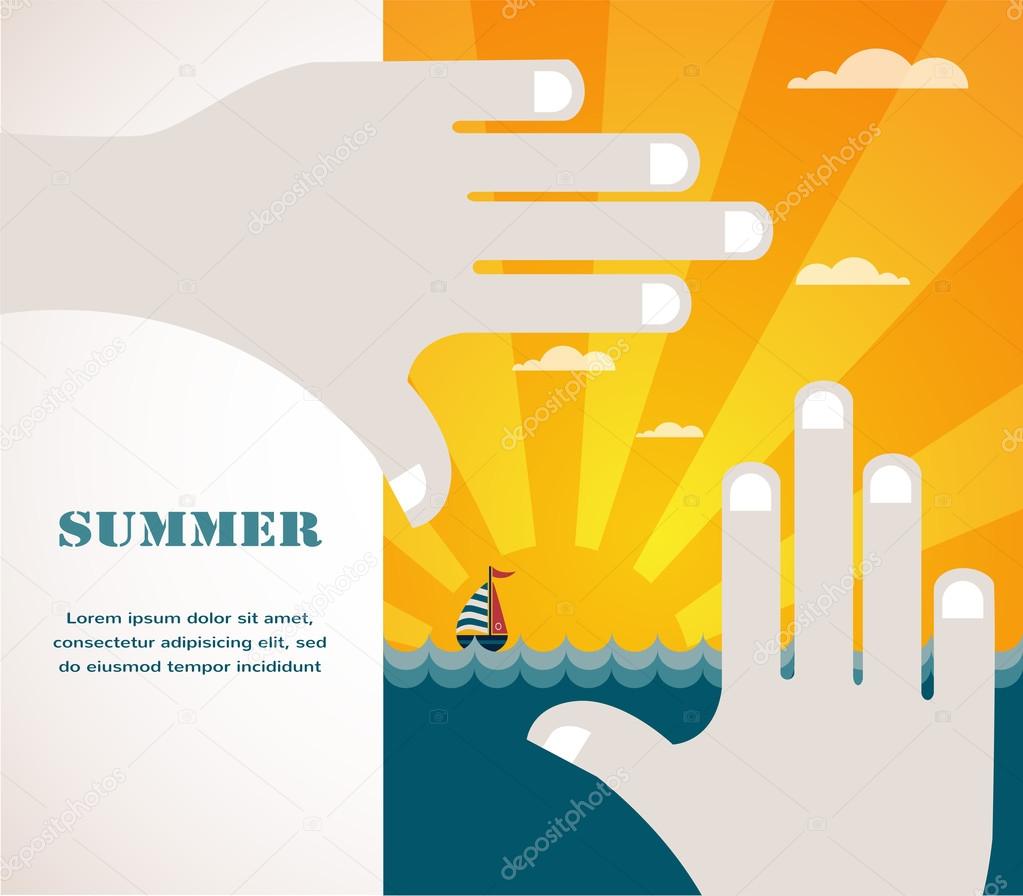 summer view of a sea inside hand frame . illustration