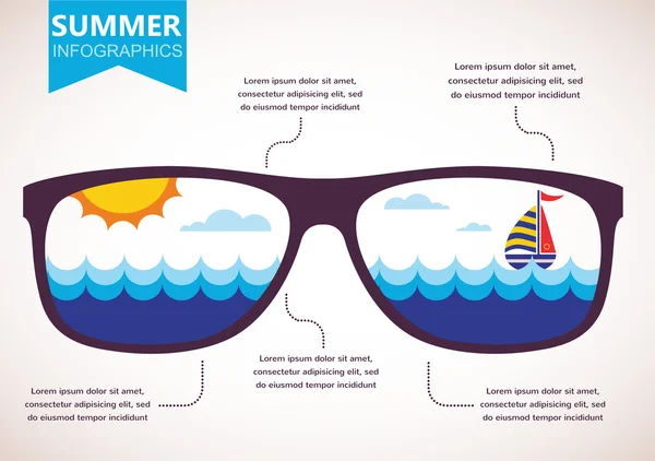 Infographie estivale. lunettes de soleil avec vue océan — Image vectorielle