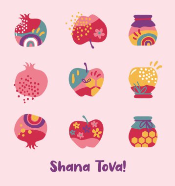 Rosh Hashana, Jewish holiday icons with abstract patterns. Apple, honey, pomegranate, flowers and leaves, Jewish New Year symbols and icons. Vector illustration set